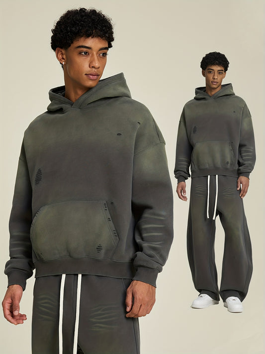 Men'S Heavyweight Hoodie & Sweatpants Set - Oversized Sun Faded 400Gsm Thick Winter Warmth, Loose Fit Hooded Sweatshirt with Pockets, Matching Joggers