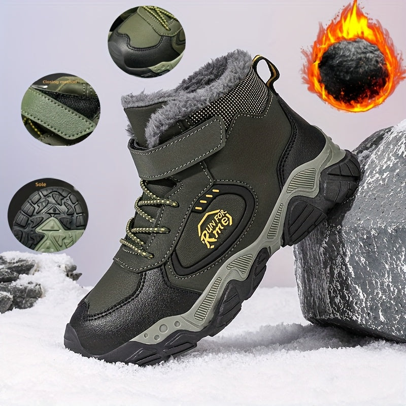 CKNOY Boys' Winter Fleece-Like Warm Hiking Boots & Shoes - Thick-Soled Traction, Adjustable Hook-and-Loop Closure, Large Plus Size (Big) Heavy-Duty Outdoor//Casual Shoes with Cushioned Sole & PU Upper (Green/Black), Boys Wint