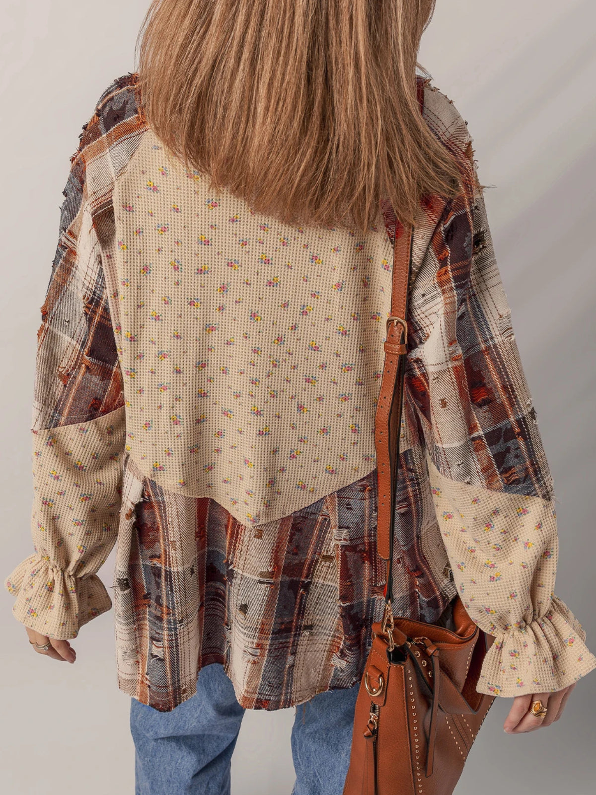 Women'S Boho Chic Blazer - Button-front shacket with Ruffled sleeves, Non-Stretch Waffle Texture Jacket in Earthy Tones (Brown/Beige/Orange/Red/Black/White/Gray/Blue/Teal/), All-Season Casual to Formal Outerwear for Everyday