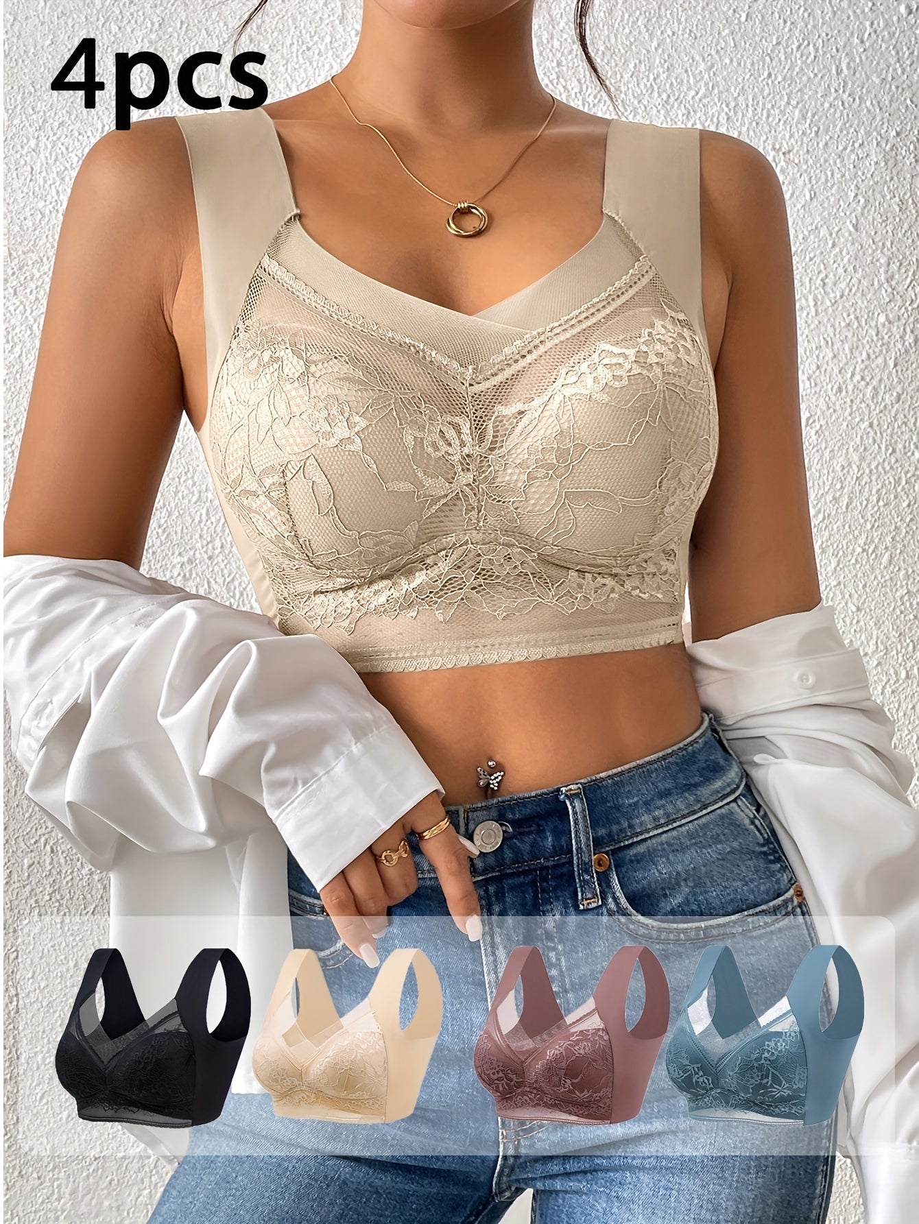 [4pcs Lace Bra] 4pcs Mixed Color Women's Lace Underwear | Daily Bra, No Steel Ring