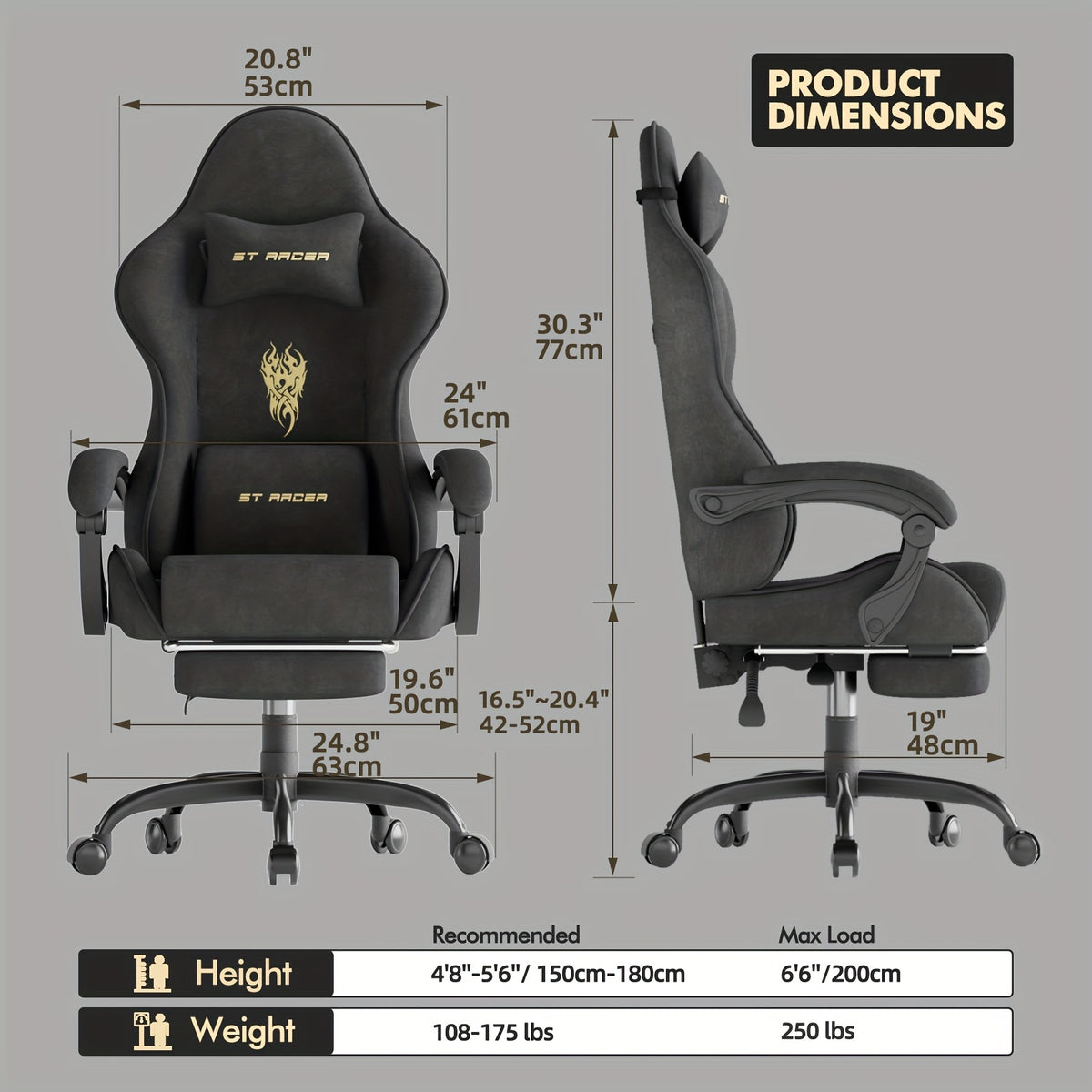 Ergonomic Velvet Fabric Gaming Chair | High Back with Massage & Footrest, Reclining, Racing Style with Headrest, Metal Frame, Wing Back, Rotating, Manual Recliner, Soontrans Brand