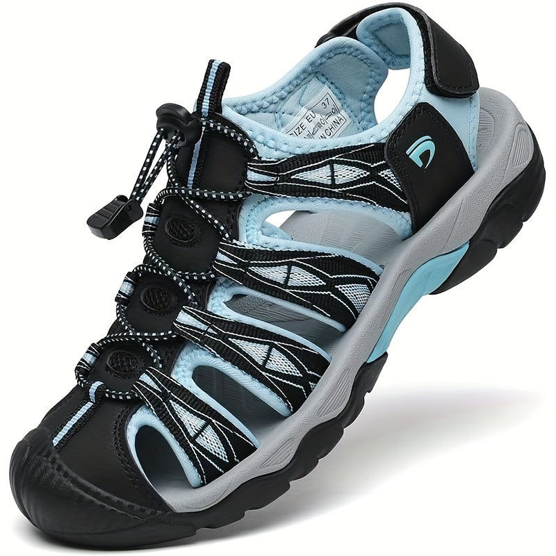 Women's Turquoise/Black Quick-Dry Hiking Water Shoes - Adjustable Bungee Closure, Arch & -Skid Sole, All-Terrain Outdoor Sandals with Mary Jane Strap (Lace-Up) for Beach, Camping, River Trekking - Cushioned /Rubber Footbed
