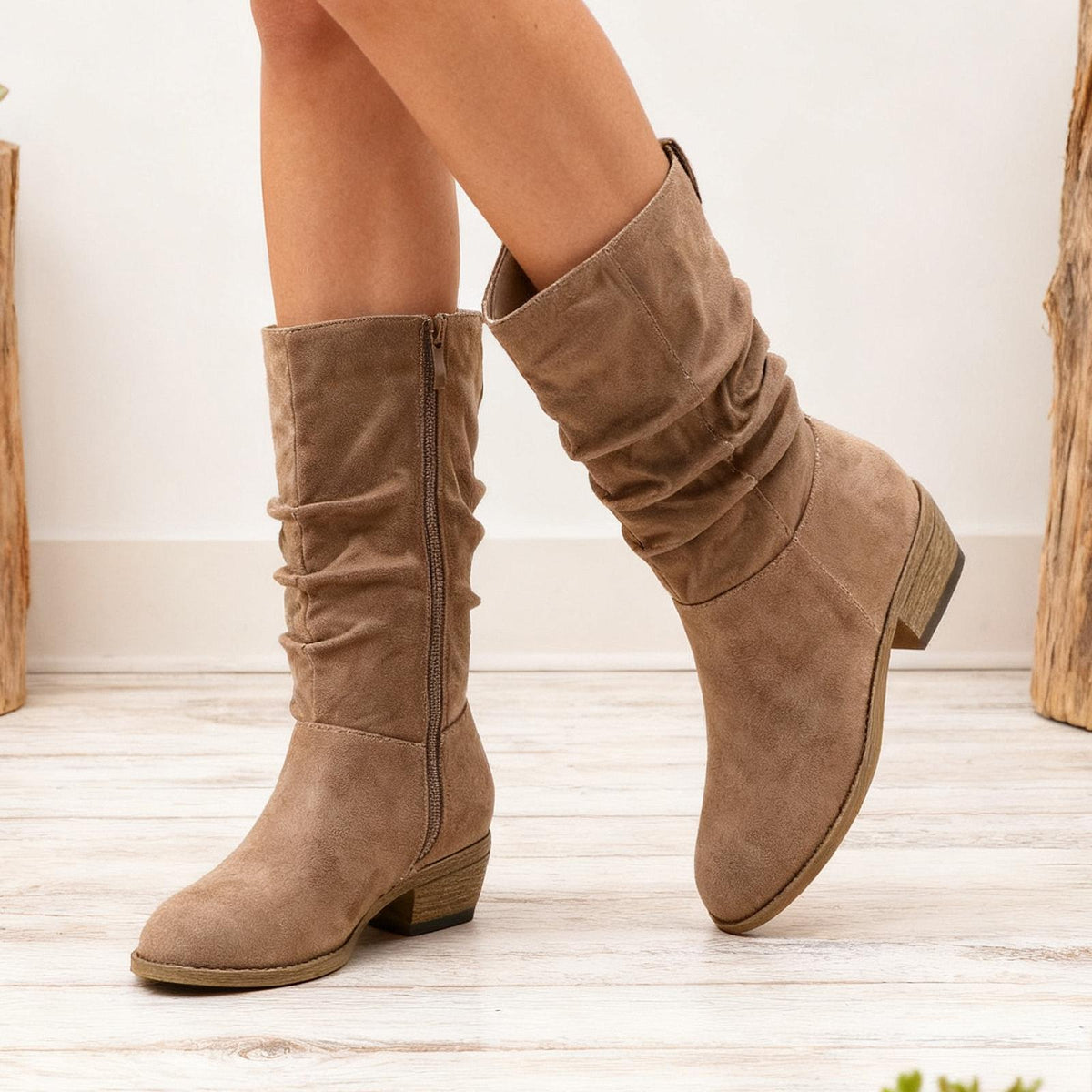 GLAZE Women's Wide Calf Slouchy Knee-High Boots - Chunky Low Heel, Beige/Brown Zipper Closure Winter Boots with Almond Toe & Round Heel, All-Season Round-Toe Trench Boots (Zippered Collar, Fabric Upper)
