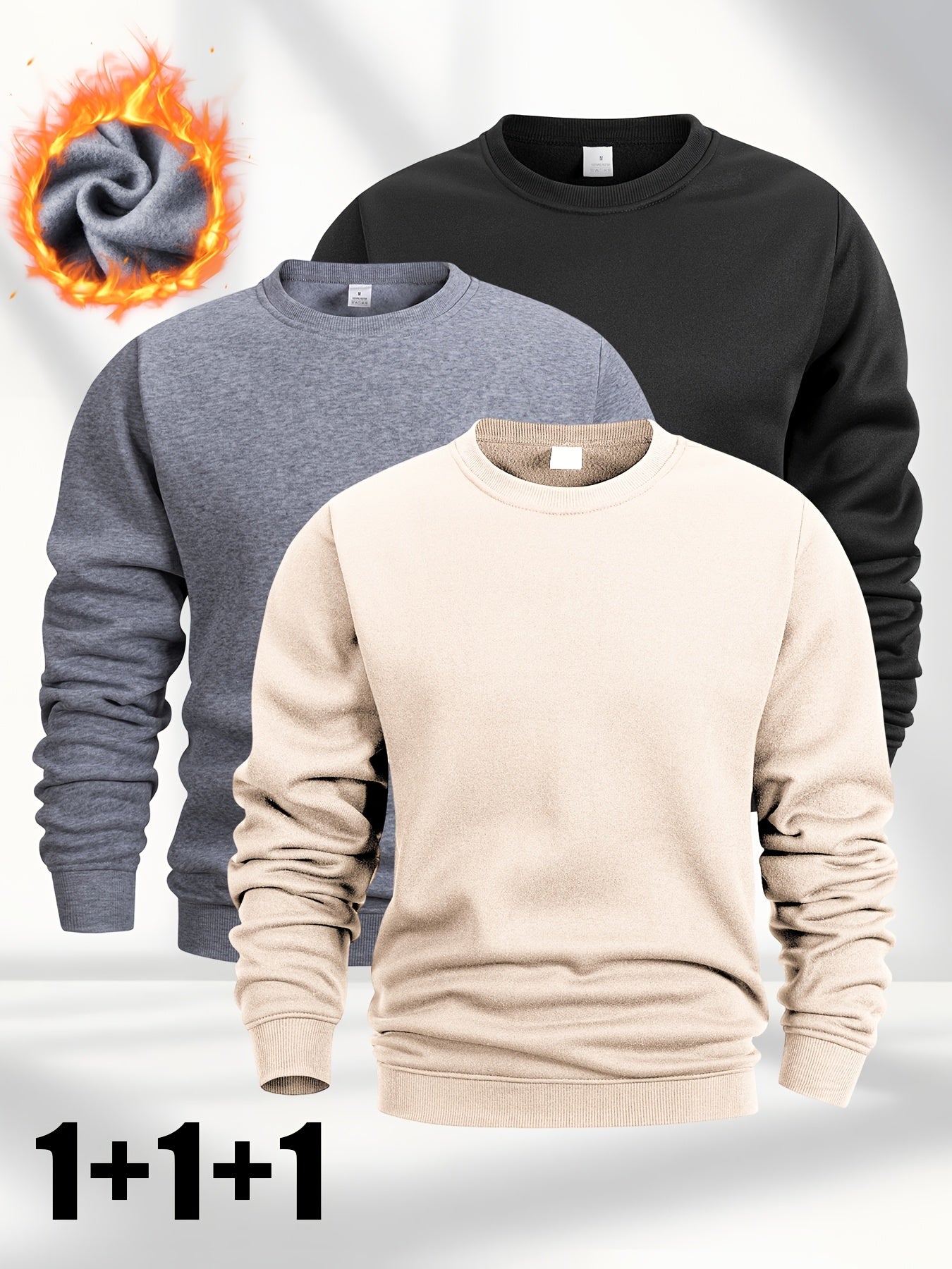 [Three Fleece Pullovers] A Set of Three Men's Solid Color Fleece Crew Neck Casual Pullovers, Featuring a Easy And Stylish Design with Slight Stretch, Suitable for Autumn And Winter. They Are Machine Washable And Can Be Worn L