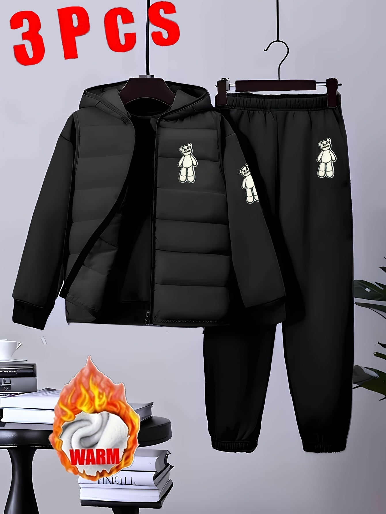 Boys' Autumn and Winter Black Set - 8-12Y Warm 3pcs Outfit (Fleece Vest + Sweatshirt + Pants), Casual Style, for Outdoor