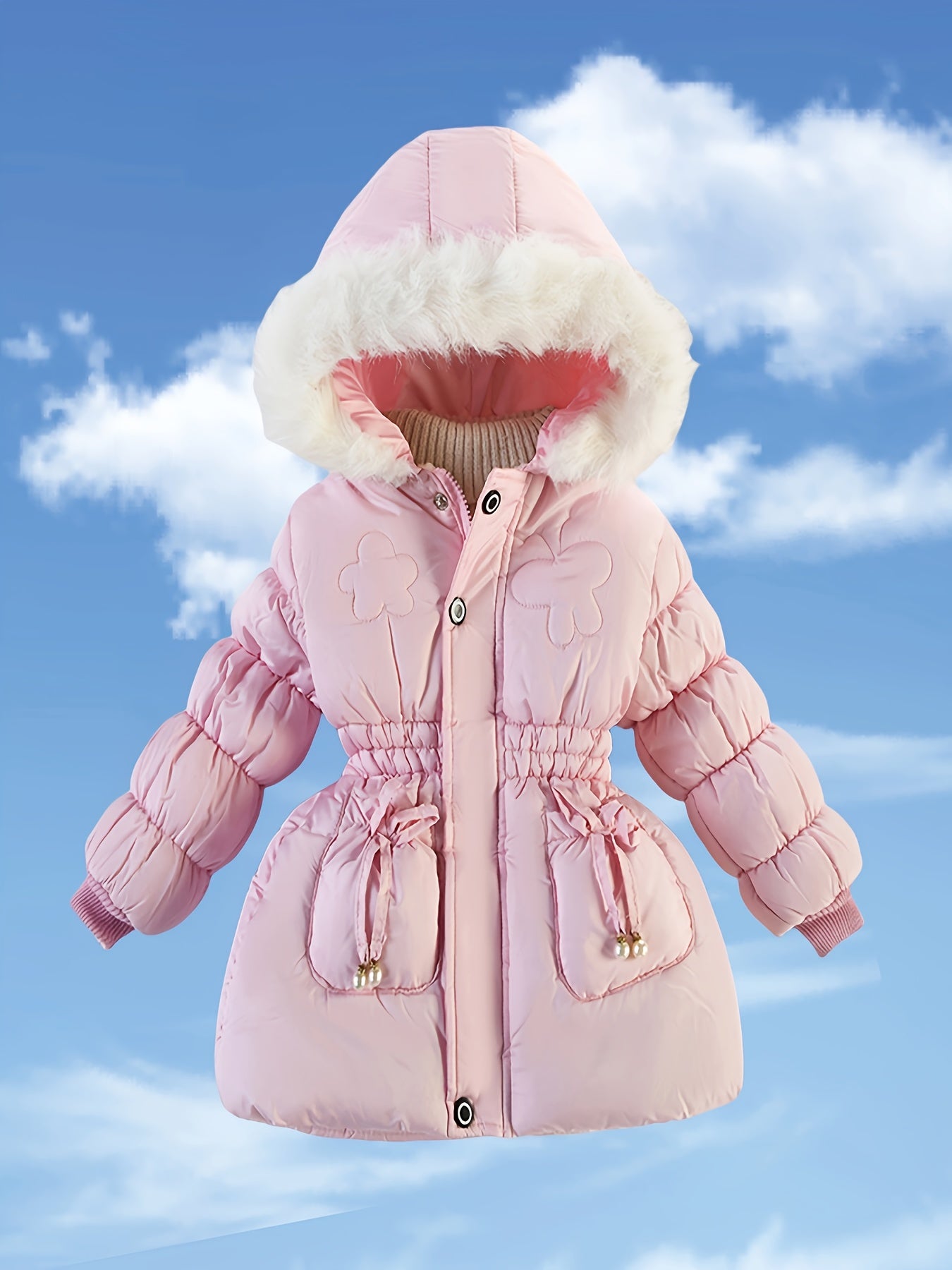 2025 Cute Autumn Winter Girls' Hooded Zipper Jacket - Cozy Floral Pattern Winter Coat with Long Sleeves, Polyester Lined, Perfect for Cold Weather, Cute Winter Clothes, Winter Girl Outfit, Charming Fall Apparel, Durable Cozy
