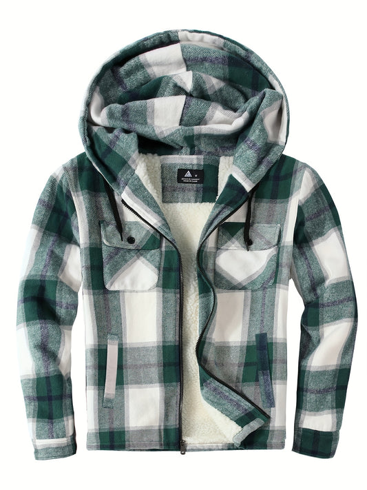 Men's Heavyweight Sweater Hooded Jacket - Full Zip Thick Snow Mountain Lined Flannel Plaid Shirt with Pockets, Casual Style, Perfect for Autumn and Winter, Hooded Collar, Regular Fit, Plaid Pattern, Men's Jacket