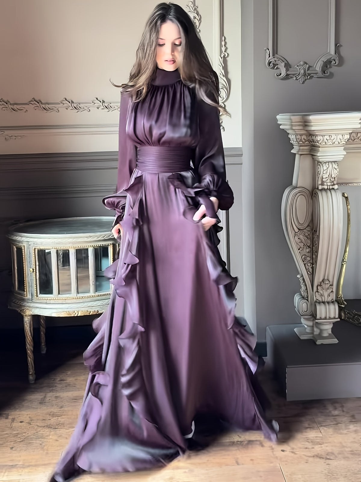 Beige Ruffle Maxi Dress | High Neck Sash Design Architectural Tailoring Multi-Layer Cascading Hem Wedding Banquet Elegant Gown