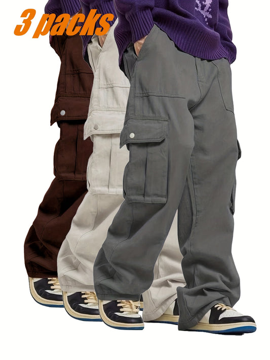 Men's casual multi-piece solid color fashionable multi-pocket cargo pants [Three-piece set]