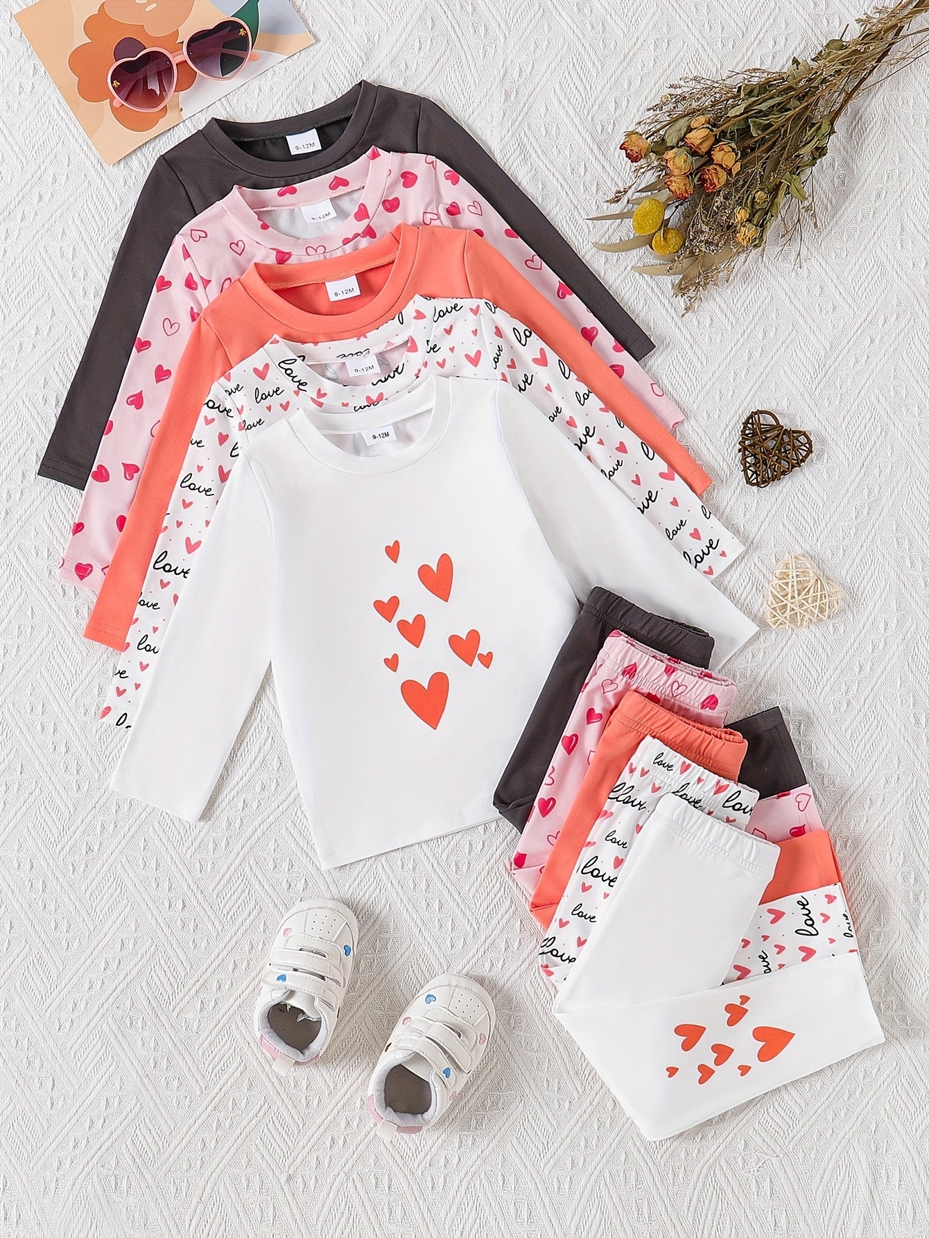 10pcs Baby Girls' Casual Long Sleeve & Pants Set - Cute & Heart Print, Soft Stretchy Fabric, Loose Fit, Spring/Fall Outdoor Playwear, Perfect for Daily Wear, for Outdoor