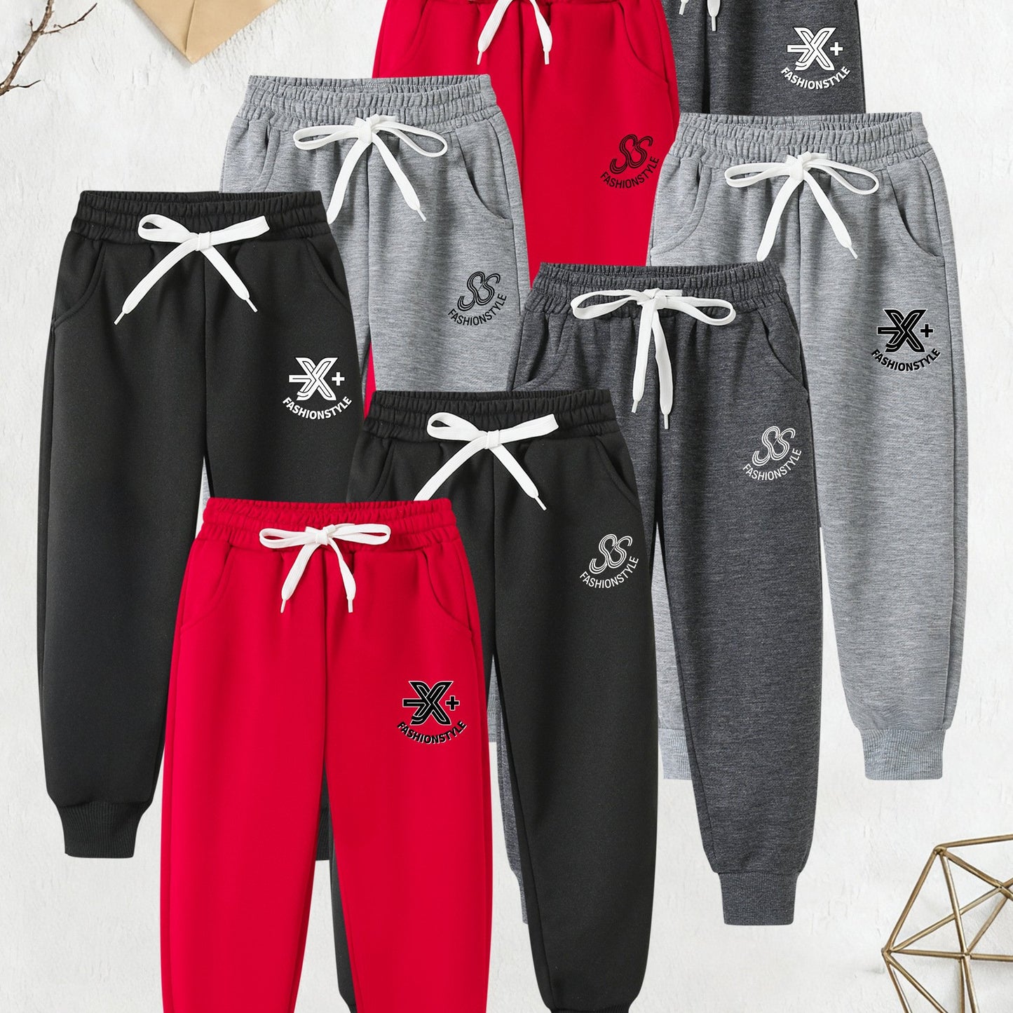 8pcs Boys' Long Pants Set with Elastic Waist & Adjustable Drawstring - Soft Breathable Athletic Pants with Pockets, Multi-Color (/Red/Grey) for Active Play & Casual Attire - Winter Warmth, Easy On/Off, Durable 'rousers for Sc