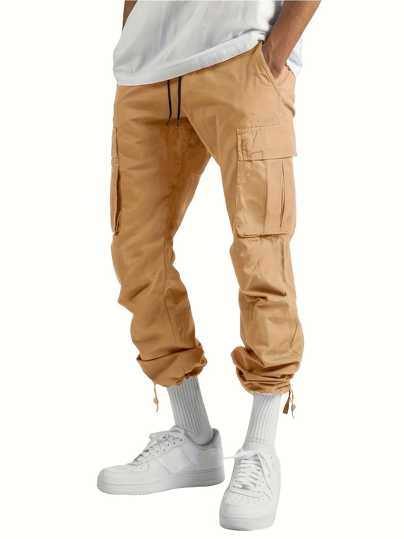 4pcs 's Heavy-Duty Cargo Pants with Elastic Drawstring Waist & Multi-Pocket Work Pants - Loose-Fit -Style Trousers for Outdoor,, Camping (Grey/Beige/Black/Brown) - Machine Washable (Teens & Adults), Perfect for Outdoor, for T