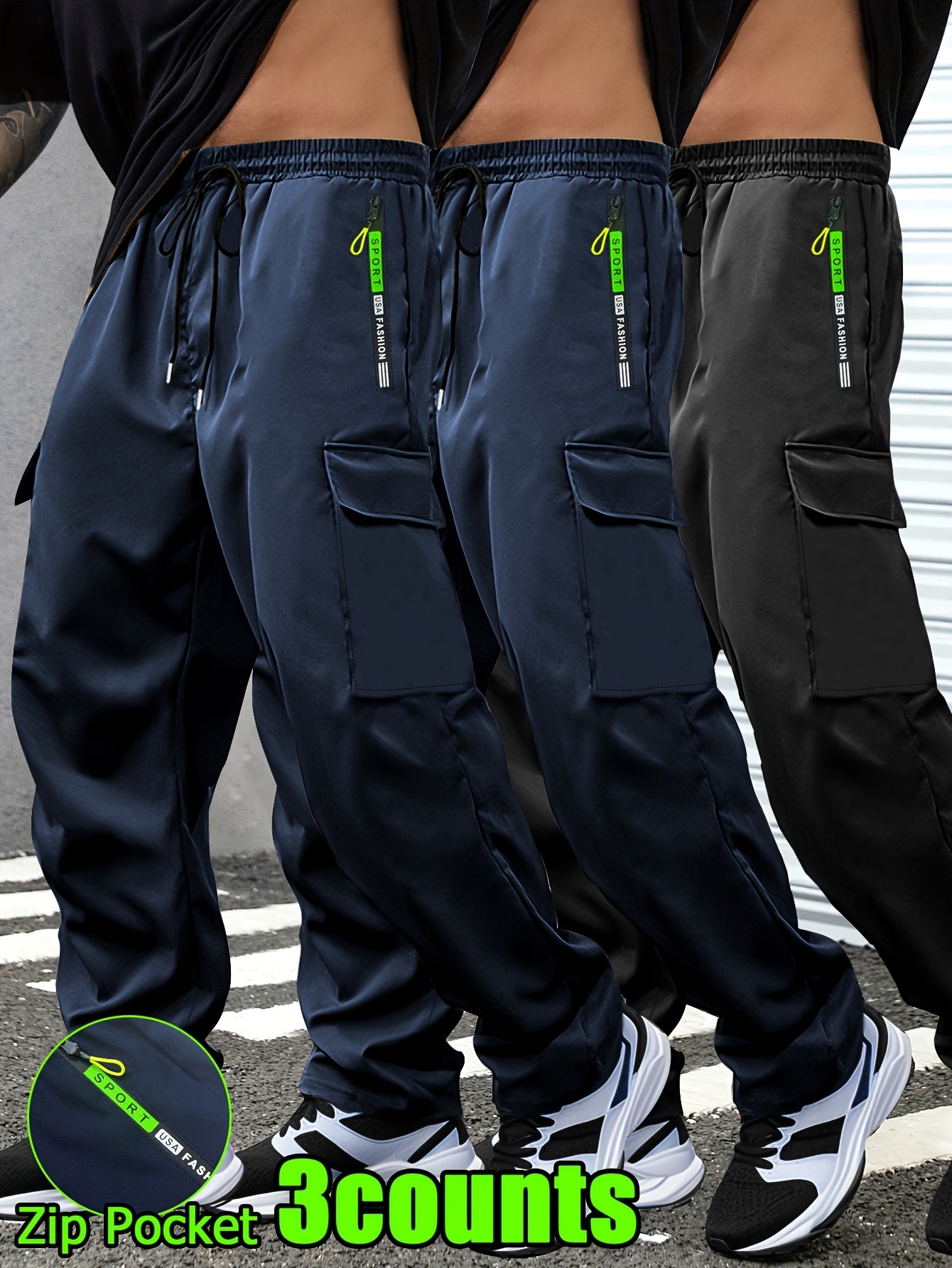 3-Pack of Men'S Thin Work Pants with Drawstring Elastic Waistband, Zipper Pockets, Large Patch Pockets, Comfortable And Breathable, Suitable for Outdoor Daily Leisure