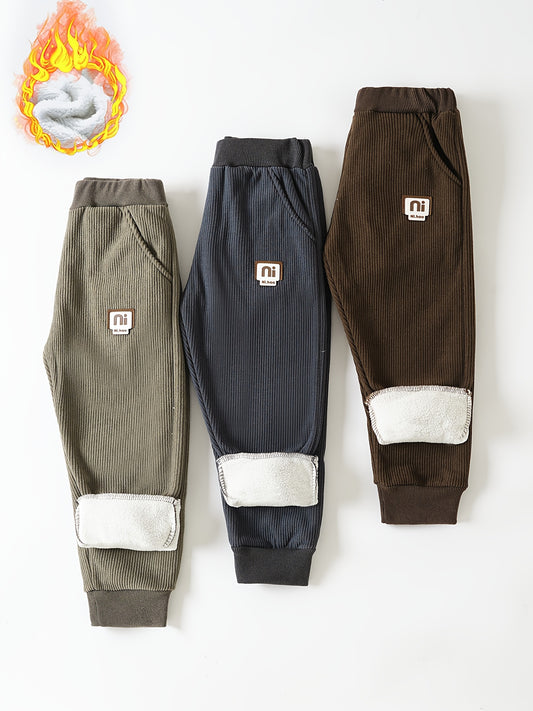 3pcs Boys' Warm Fashion Casual Sports Pants, Loose Fit, Slight Stretch Corduroy Composite Fleece Fabric, Suitable for Outdoor Autumn and Winter Seasons, Perfect for Outdoor