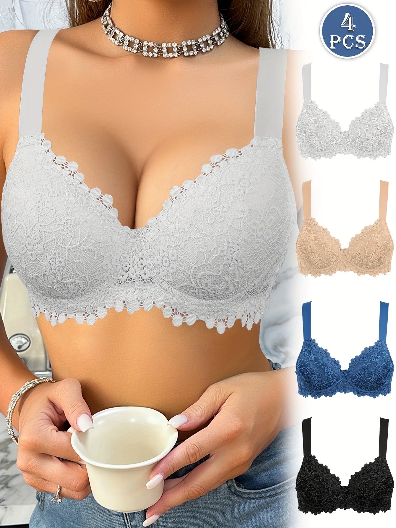 4pcs Women'S Floral Lace Bustier Bra Set - Wide Strap Support, Underwire Cup Design, Non-Removable Pads, Elegant Elegant Style for Casual Attire, Comfortable Undergarment | Floral Lace Design | Nonremovable Pads, Bra Bustier
