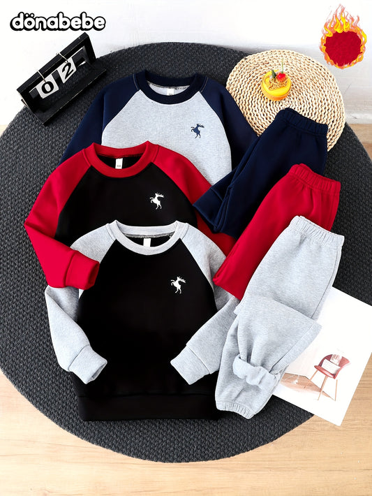 6pcs 3pcs Autumn and Winter New Round Neck Warm Fleece Sweatshirt Set in Black + Red + Navy Three Colors Patchwork Top "Cute Deer" Print Comfortable Casual Versatile Sports Pants Outfit, Perfect for Outdoor