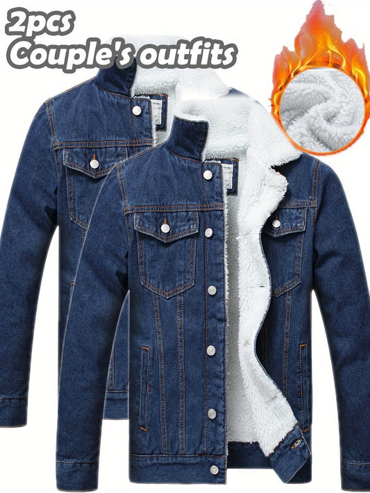 KEEVOOM Men'S 2025 New Vintage Oversized Fleece-Lined Denim Jacket - Heavyweight Winter Coat with Snowflake Lining, Button-Up Front & Chest Pocket, H-Line Silhouette, Solid Color (Navy /) - Ideal Christmas, New Year, Thanksgi