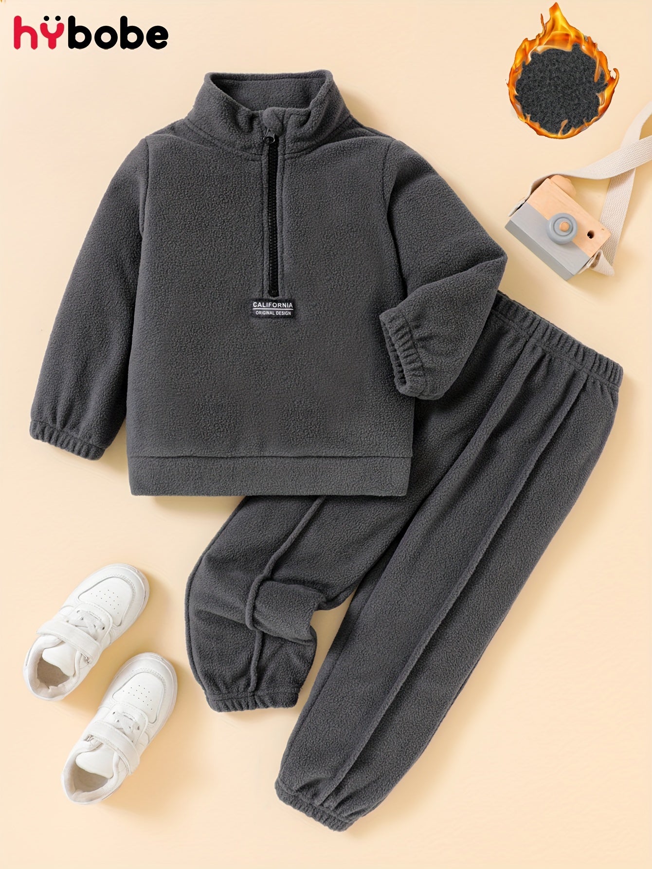 Boys' Autumn/Winter Gray Solid Color -Lined Warm Zip-Up Top & Pants Two-Piece Set, Perfect for Outdoor