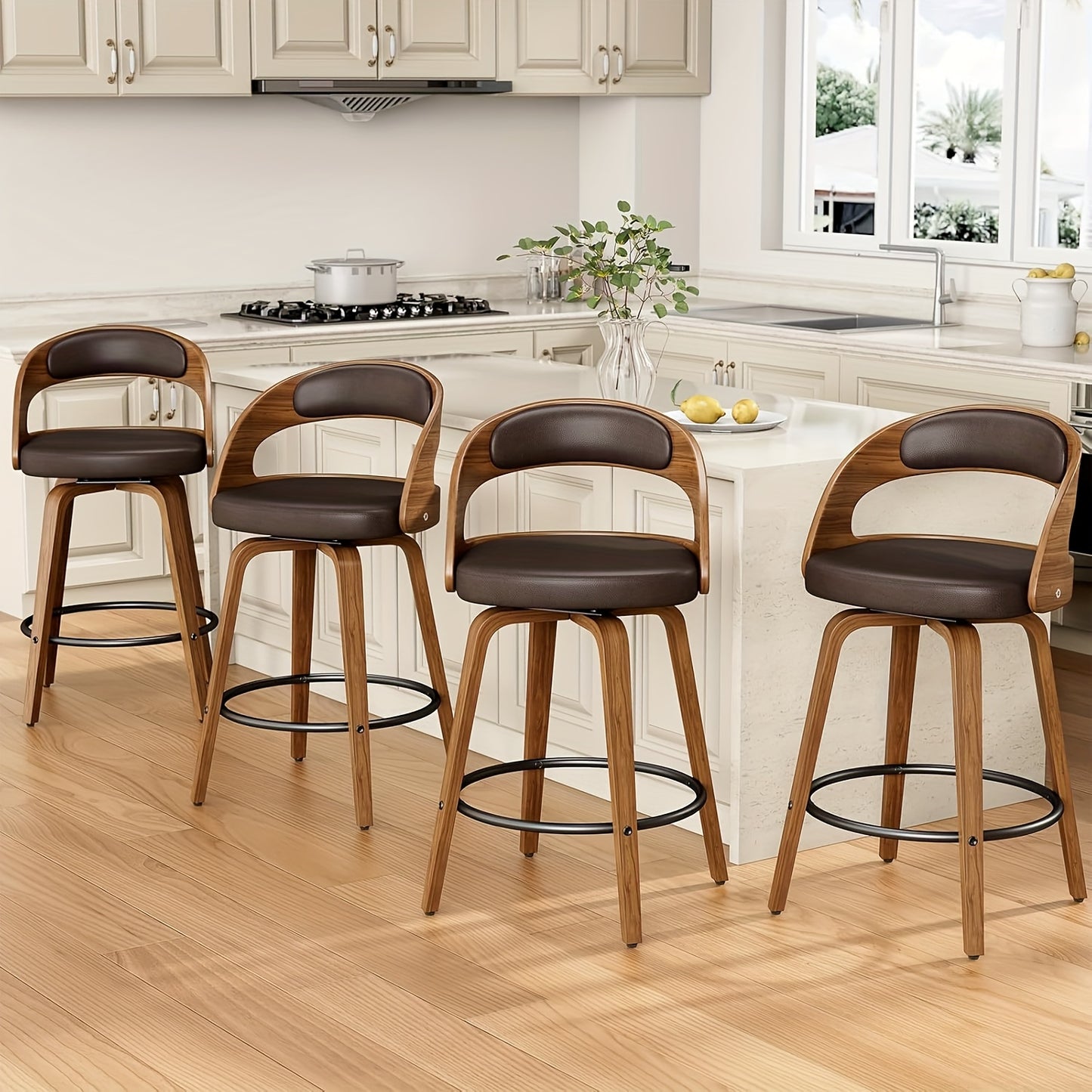 3/4pcs Modern Upholstered Bar Chair Set, 26" Counter-Height Stools With Thick Soft Cushion, Ergonomic Back Support, Solid Wood Legs & Footrest For Kitchen Island