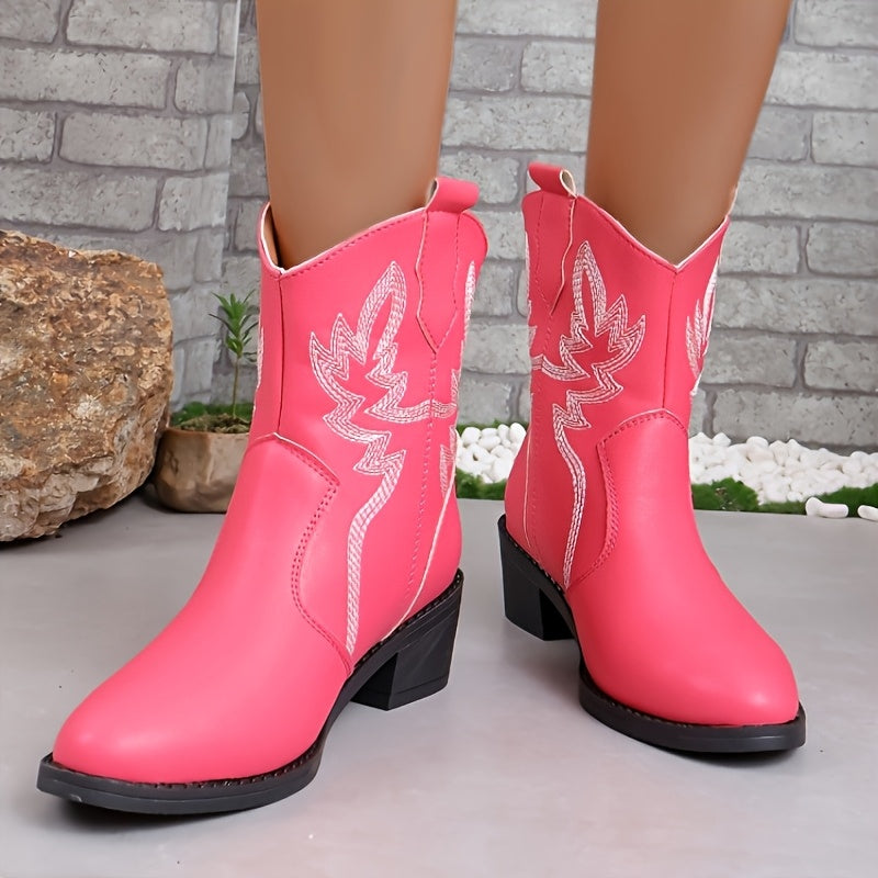 Women's Bright Pink Faux Chelsea Boots with White Horsebit Tendon Strap & Horseshoe Buckle - Slip-On Chunky Block Heel, Pointed Toe Short Boots, Machine Washable Round-Toe Design for Casual & Western Style (Pink)