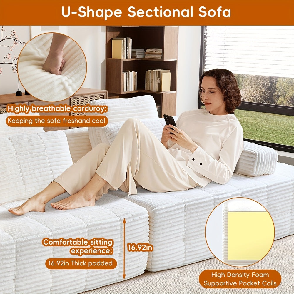 110-inch Modern Combination Living Room Couches, Corduroy Boneless Couch For Living Room, Fluffy 4-seater Cloud Couch, Sofa Bed, 4 Deep Modular Sectional Sofa For Living Room Furniture Set, Christmas Home Decor
