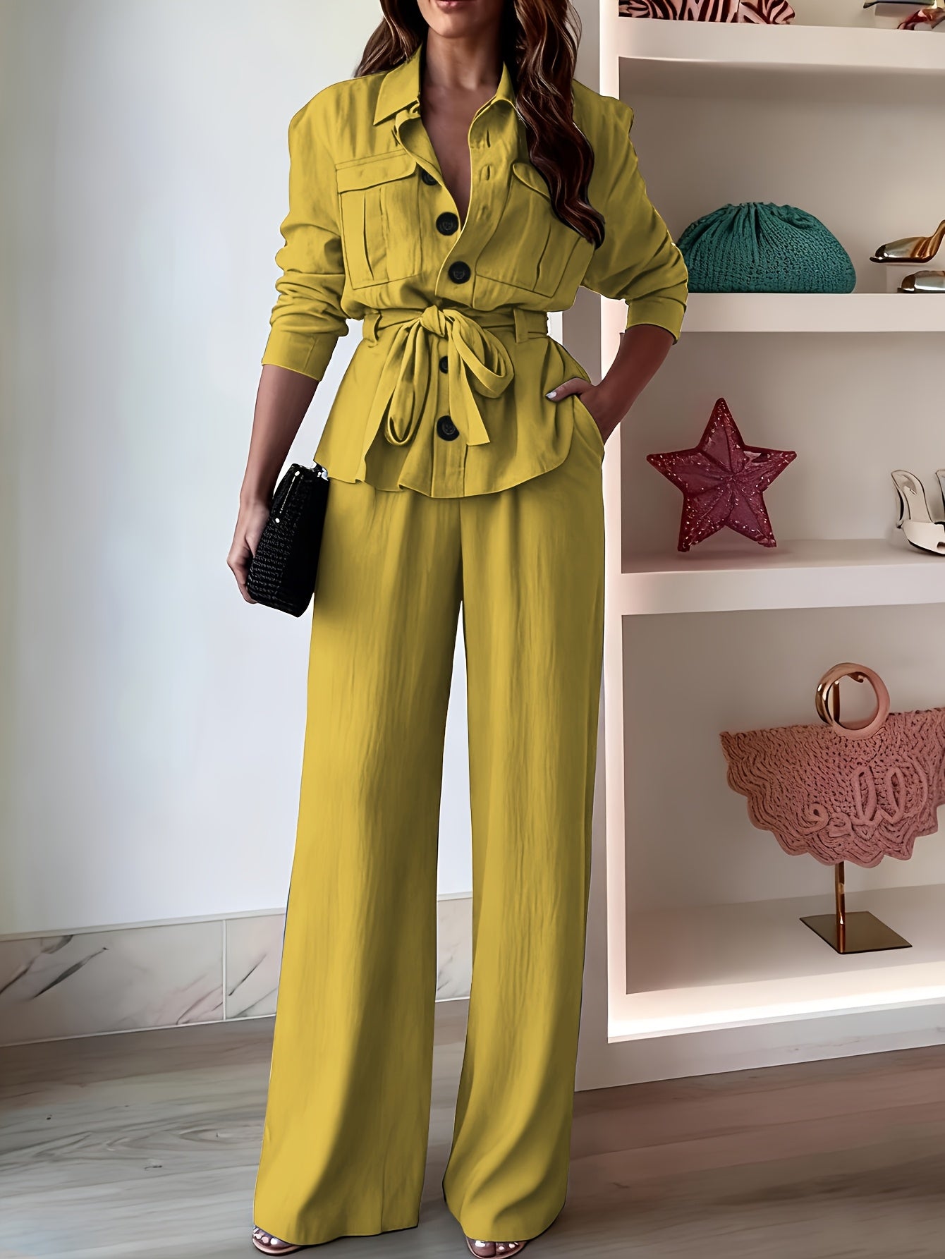 [Two-Piece Set] Casual Two-Piece Set Featuring a Collared Long-Sleeve Shirt with Buttons And Wide-Leg Solid Color Pants