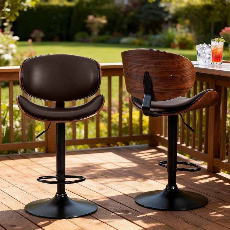 Bar Stool Set (2-Piece/4-Piece/6-Piece), Adjustable Bar Height, PU Leather-Covered Seat, Ergonomic Backrest and Footrest, Non-Slip Rubber Base, Suitable for Bars and Home Kitchen Islands, Black
