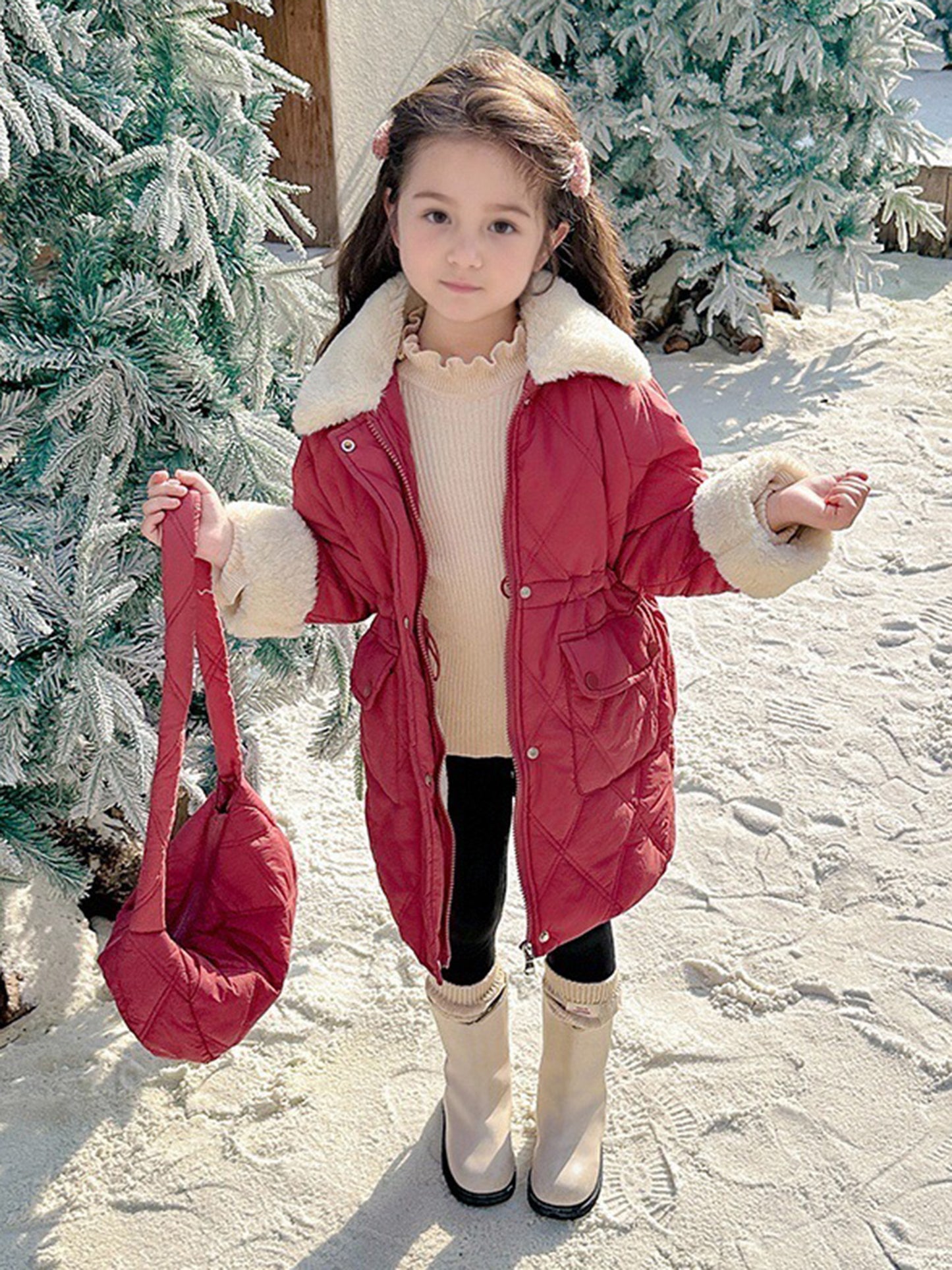 2pcs Girls' Winter Warmth Fleece-Lined Windbreaker Coat & Matching Bag Set - Thickened Cold Weather Jacket with Zipper Closure, Cozy Casual Style