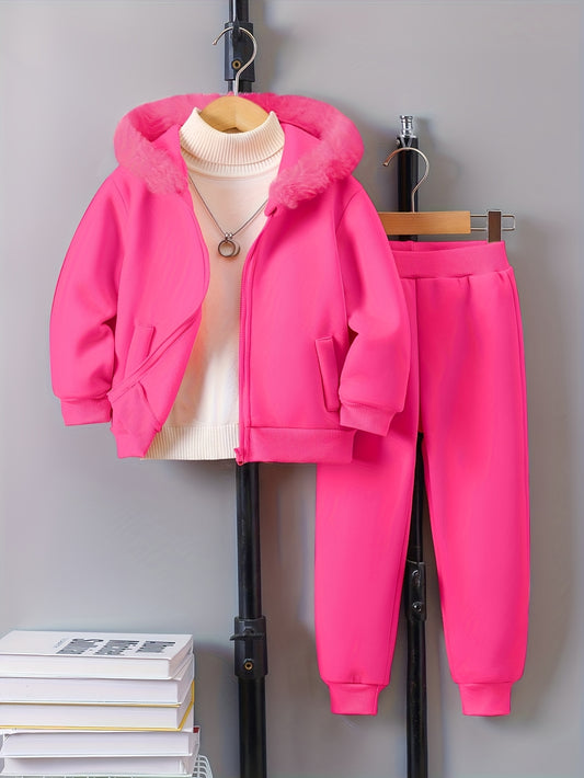 Girls' Autumn/Winter Fashion Set: Long Sleeve Zip-Up Hooded Jacket with Patchwork Design and Mock Pockets + Jogger Trousers, Casual Comfortable Knit Fabric Two-Piece Outfit