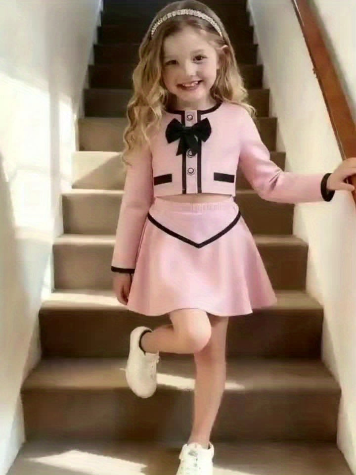 Girl's Sweet and Elegant Two-Piece Set: Tweed Long-Sleeved Top, Rose Texture Buttons + Bow + A-Line Skirt, Suitable for Outdoor Parties and Special Occasions in Spring and Autumn