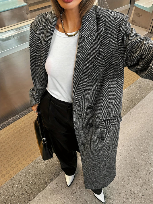 H-Shape Winter Coat - Houndstooth Pattern (Black/White/Tan) Long Jacket, Single-Breasted Button Front, Machine Washable, Classic Fit for, Gym & Outdoor - Non-Stretch Fall/Winter Outerwear