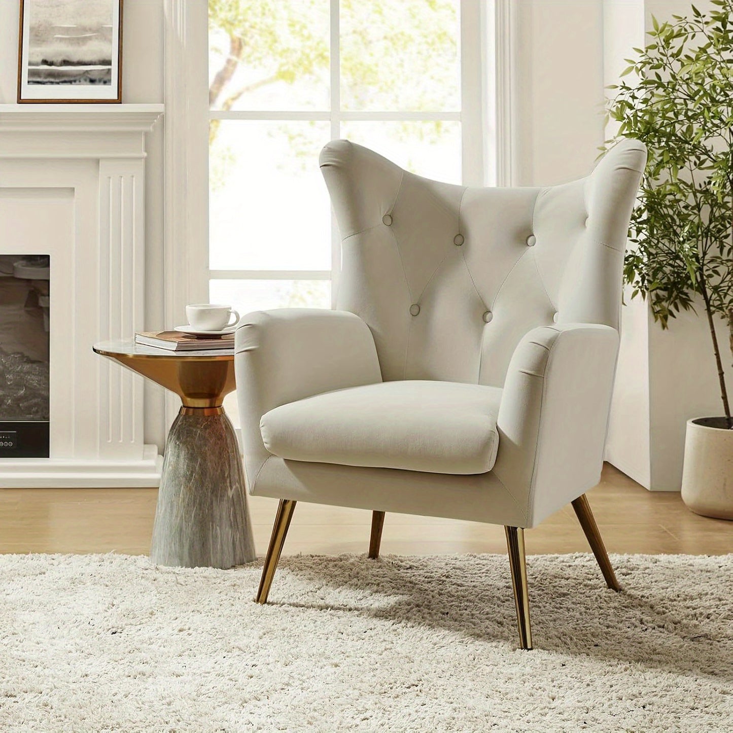 Modern Velvet Wingback Arm Chair with Golden Metal Legs - Tufted Upholstered Accent Chair in Blue/Yellow, Wood Frame, Perfect for Living Room, Bedroom, or Dining Room, Chair for Living Room