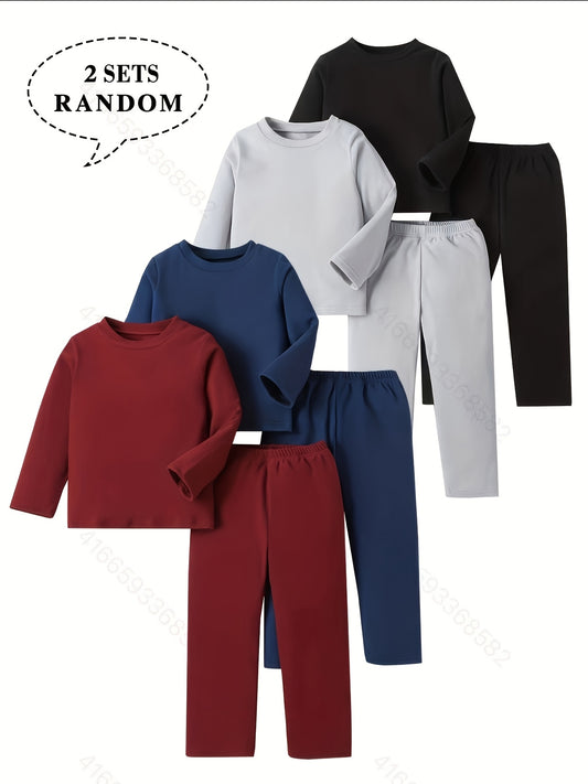 [4pcs Lined Warm Sets] Boys' Random Two Sets of 4pcs -Lined Warm Sets, Children's Comfortable -Lined Casual Long Sleeve and Pants Set
