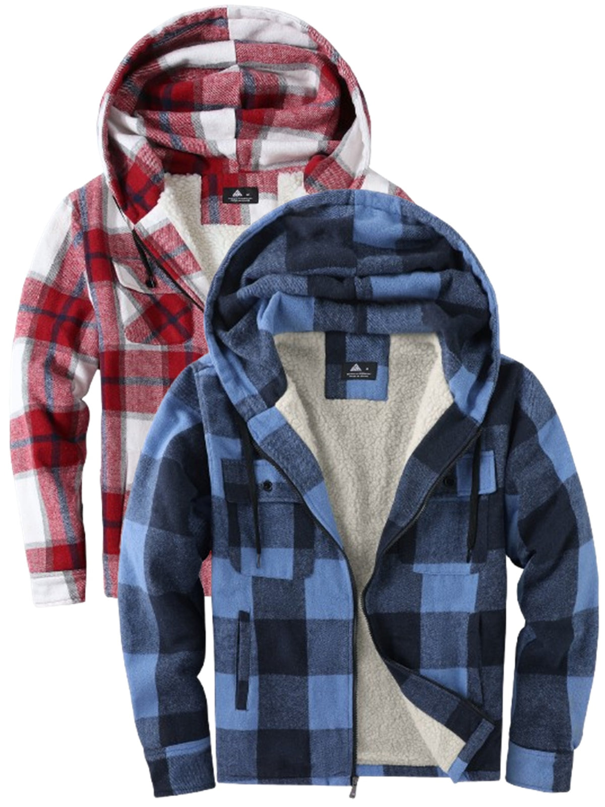 2pcs Men's Heavy Duty Sweater Hooded Jacket - Fully Zipped Thick Snow Mountain Lined Flannel Plaid Shirt with Pockets, Casual Style, Perfect for Fall And Winter, Hooded Collar, Regular Fit, Plaid Pattern, Men's Jacket, Cold W
