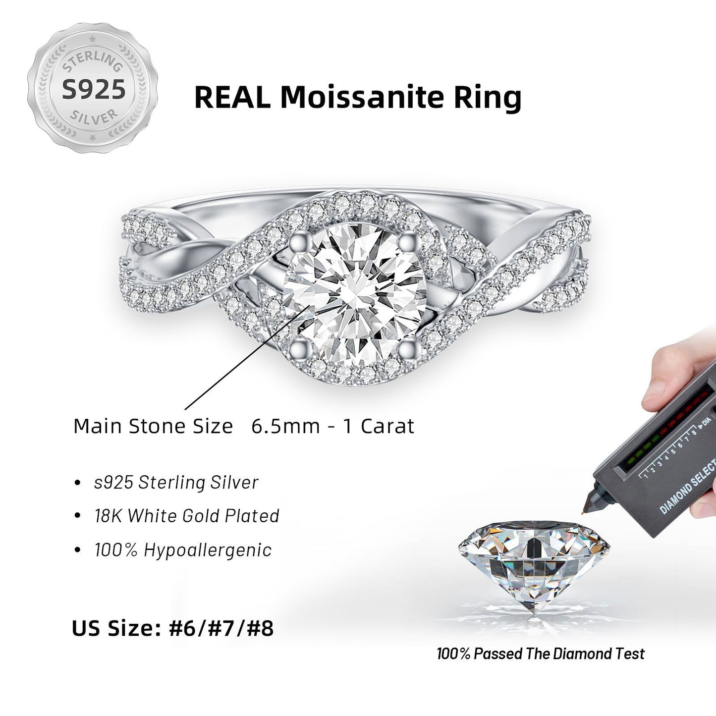 Moissanite Twisted Engagement Ring 1.28 Carat (ctw) D Color VVS Clarity 18K Golden Plated 925 Sterling Silver Infinity Promise Ring Moissanite Jewelry Gifts for Valentine'S Day Mother'S Day Birthday Anniversary