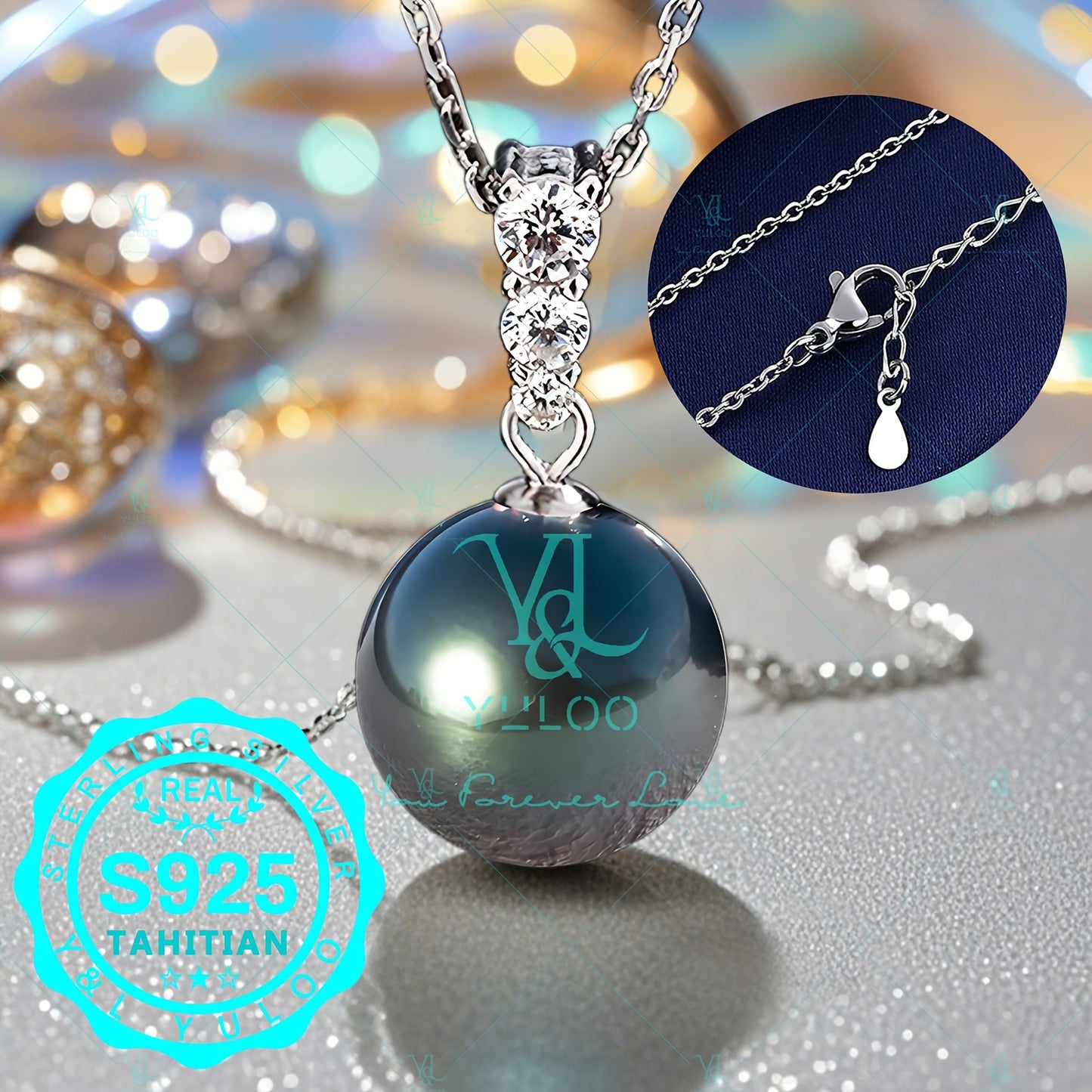 12-13mm Natural Tahitian Cultured Round Black Pearl Set in S925 Pure Silvery