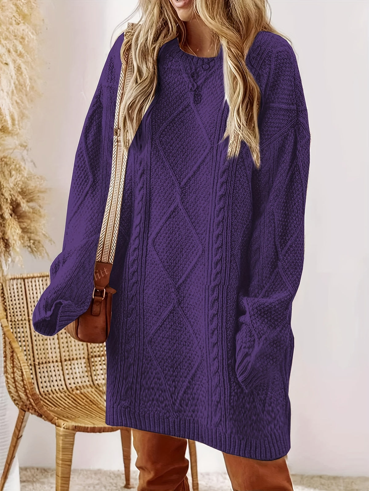 Plus Size, Beige Cable Sweater Dress - Oversized Slouchy Mid-Length Dress with Drop Shoulder, Cozy Winter Dress for Fall/Winter, Beige Cable Pattern Pullover, Elegant Casual to Dressy Wear