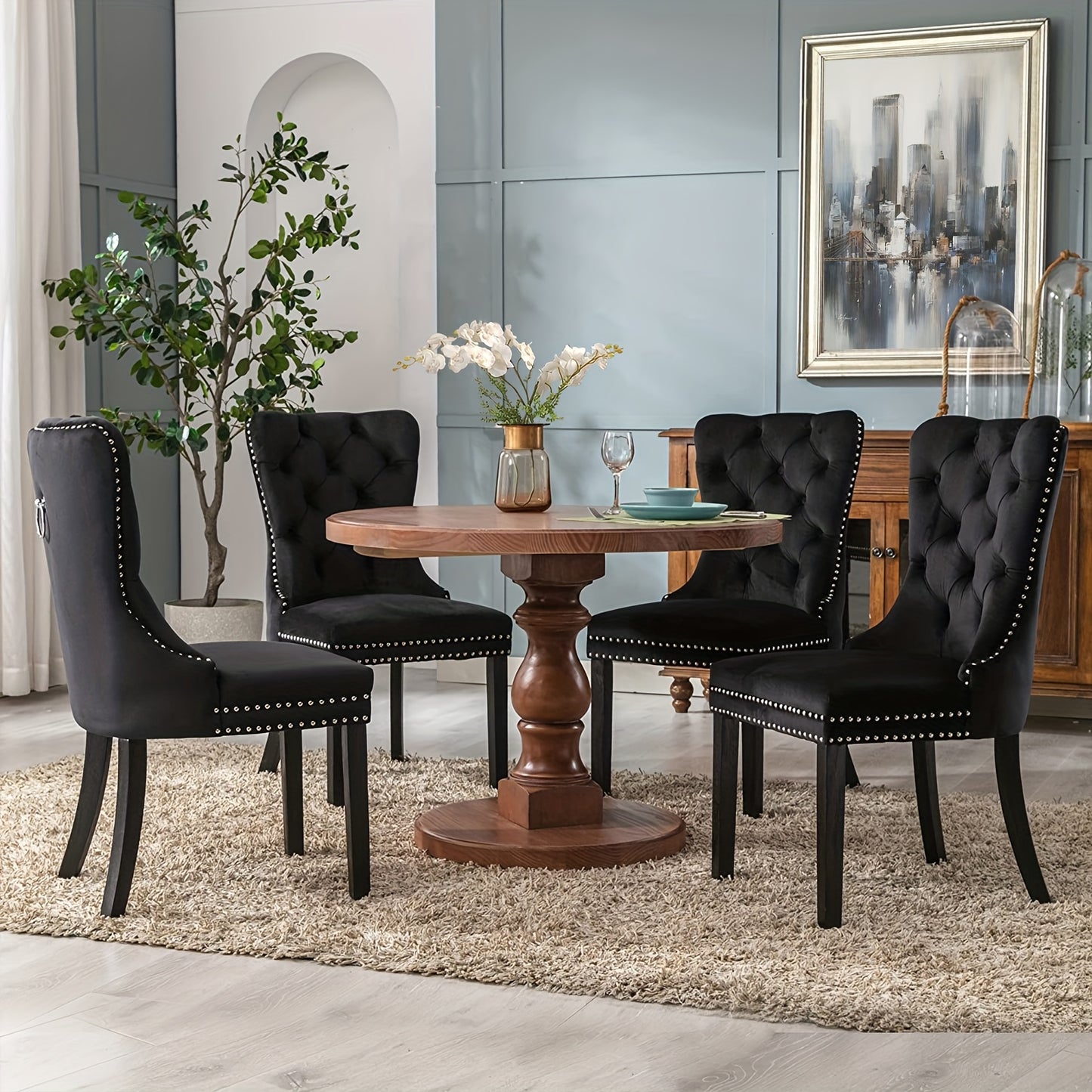 Set of 4 Upholstered Dining Chairs, Velvet Chairs with Button Tufting And Sturdy Wooden Legs, Contemporary Fabric Side Chairs for Dining Areas, Kitchens, Restaurants, And Hotels