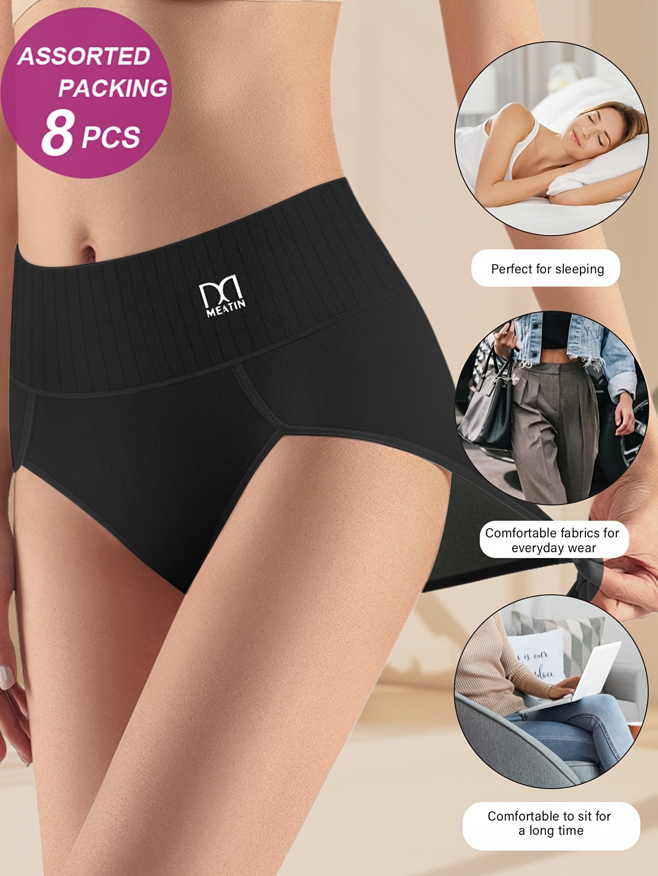 8pcs Random Combination High Waisted Tummy Tightening Women'S Panties Breathable Mesh Cross Tummy Tightening Traceless Triangle Pant
