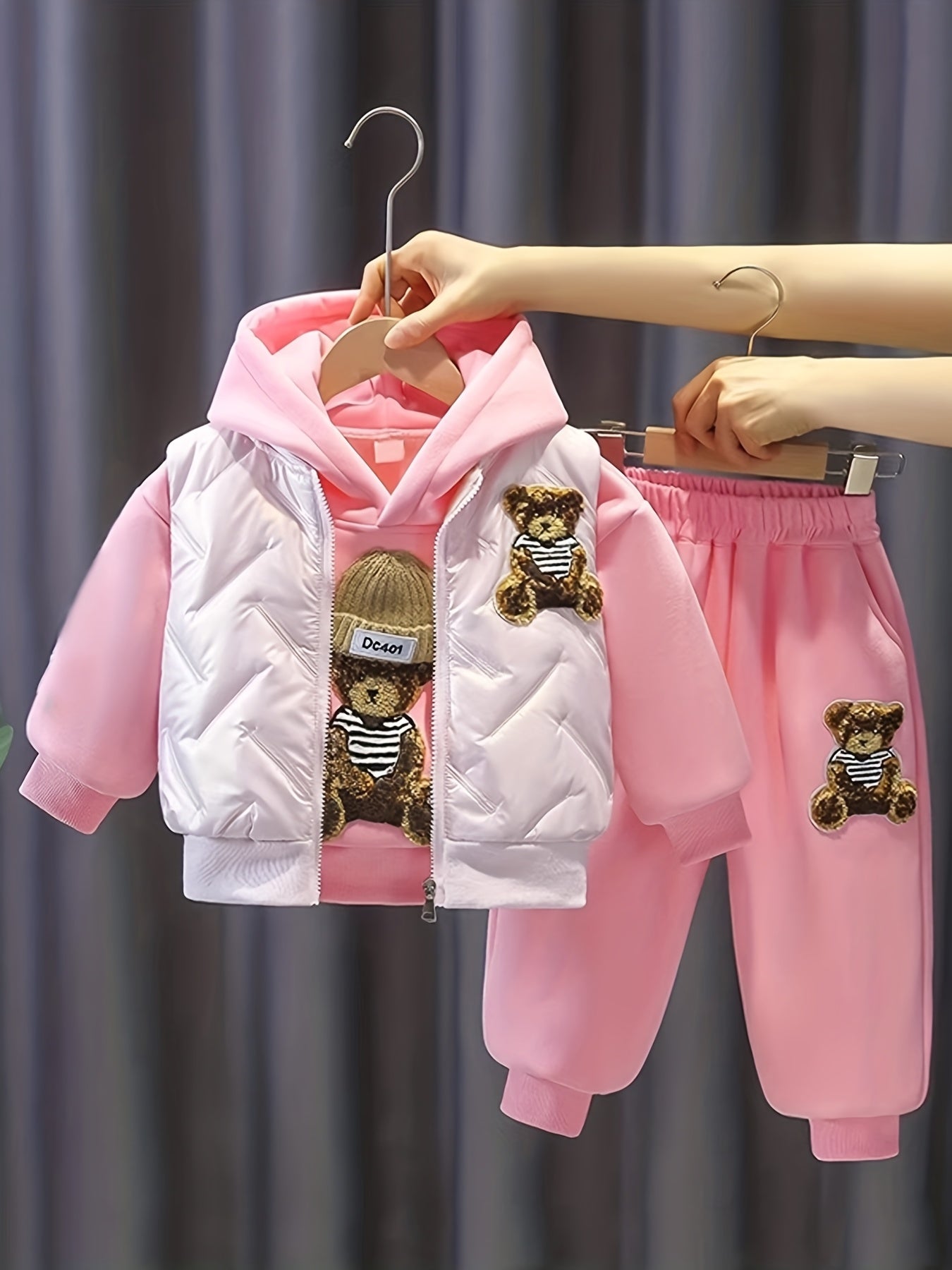 Girls' Thickened Fleece-Lined Hooded Sweatshirt & Pants Set - Cozy Winter Outfit with Bear & Teddy Bear Design, Casual Style, Long Sleeve Pullover & Straight-Leg Pants, Perfect Gift for Girls, for Outdoor