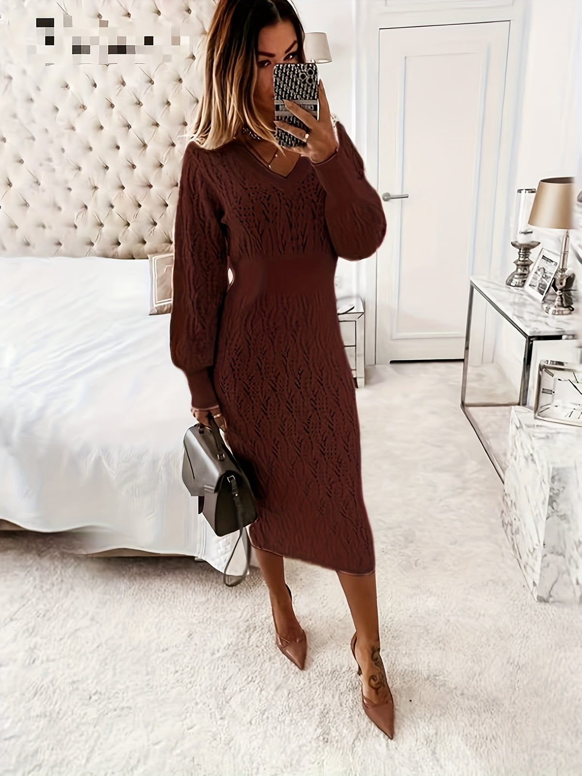 Women'S Elegant V-Neck Dress with Cut-Out Detail - Long Sleeve, Mid-Length, Solid Brown, Perfect for Fall & Winter, Stylish for Shopping or Festive Occasions, Festive Attire | Vneck Dress | Construction, Cute Dresses