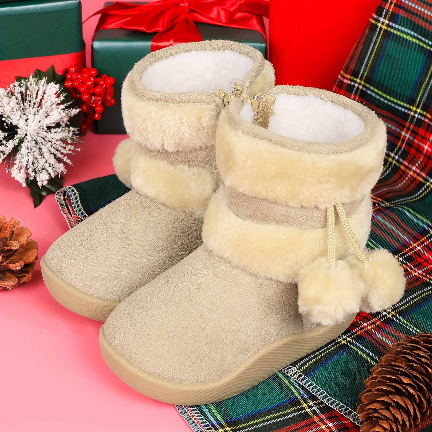 Kids' Plush Snow Boots - Slip-On Winter Boots with Non-Slip TPR Sole, Soft Fabric Upper & Fuzzy Lining - Warm Cold Weather Shoes for Boys & Girls, Toddler & Children - Christmas Halloween Gift (Pink) - Easy On/Off for Snow, I