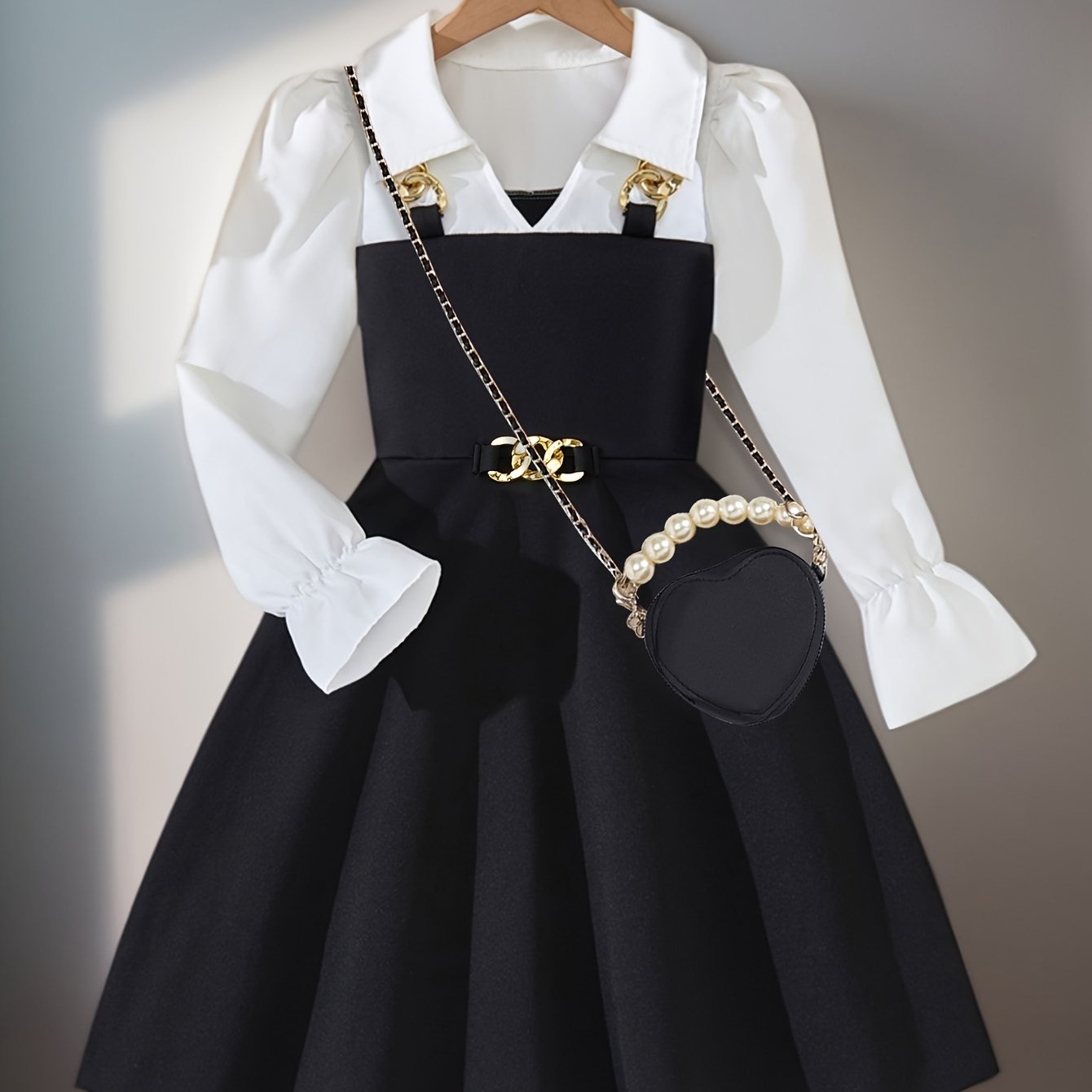 Girls' Elegant Long Sleeve Dress, Golden Chain Collar & Bell Skirt A-Line Party & Everyday Dress, Machine Washable Durable Fabric, Sturdy Construction Highquality Material, for School Christmas Birthday Outfits Holiday Outfit