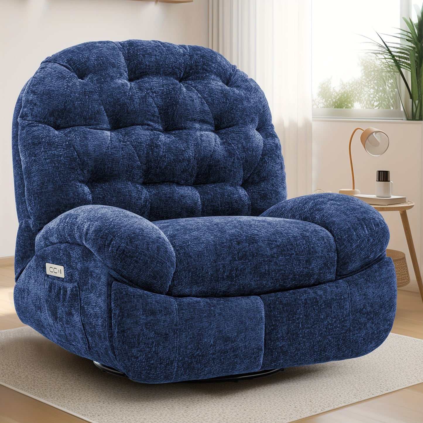 Oversized Swivel Recliner Chair, Adult Electric Recliner with USB Port And Side Pocket Storage, Comfortable Soft Shell Rocking Chair, Large Chenille Recliner Suitable for The Living Room