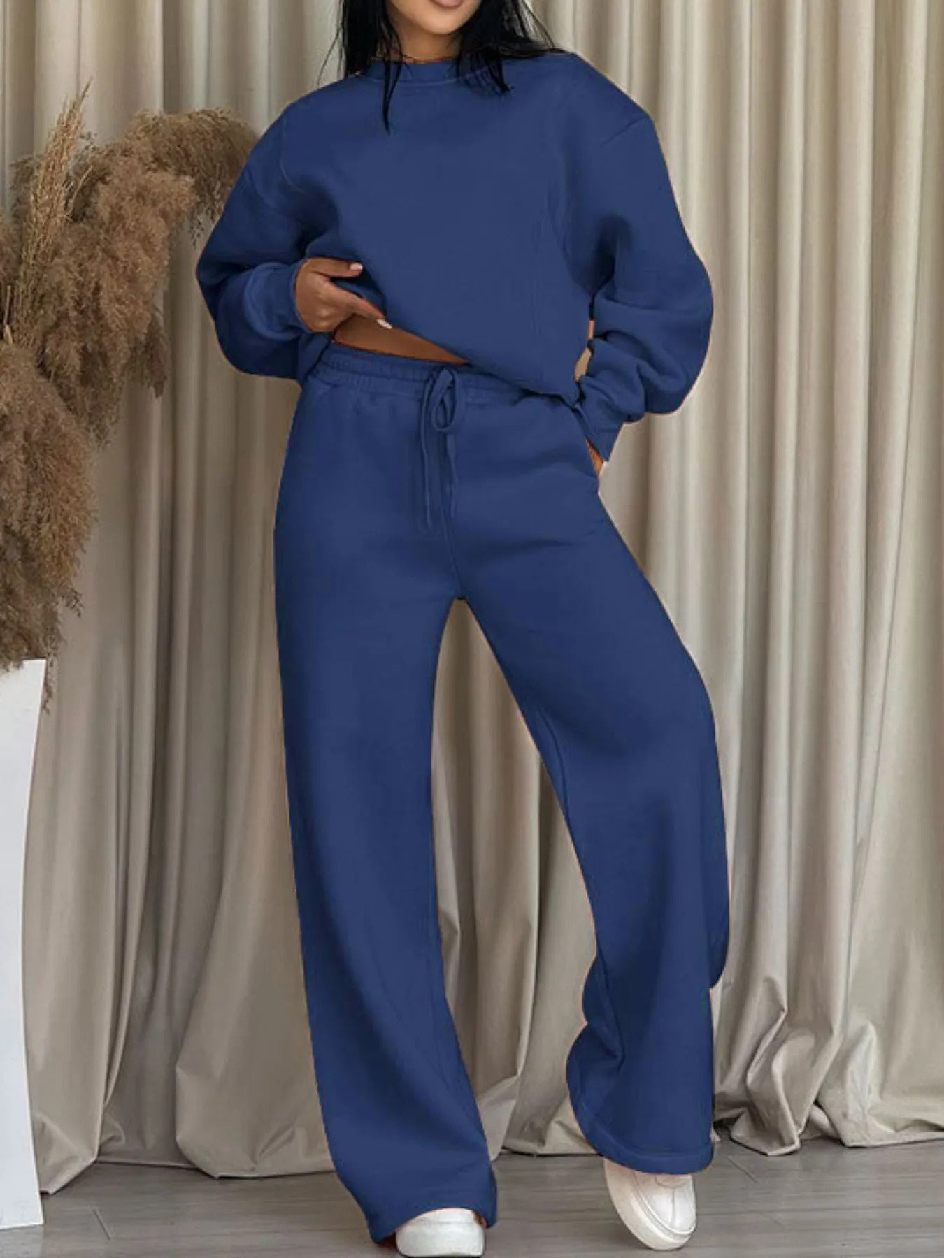 2025 autumn-winter new style solid color round neck long sleeve loose casual wide-leg pants set for women