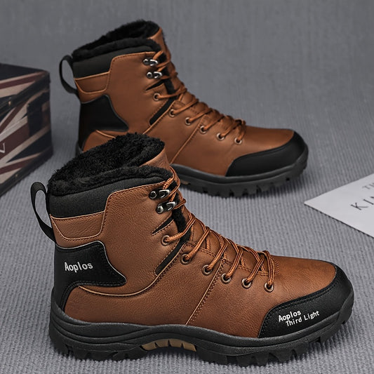 Men's High-Top Hiking Boots with Warm Fabric Insole - PU Upper, Rubber Sole, Lace-Up Design for Fall/Winter | Outdoor, Casual & Street Style | Solid Color, Outdoor Footwear, Plush Lined Interior