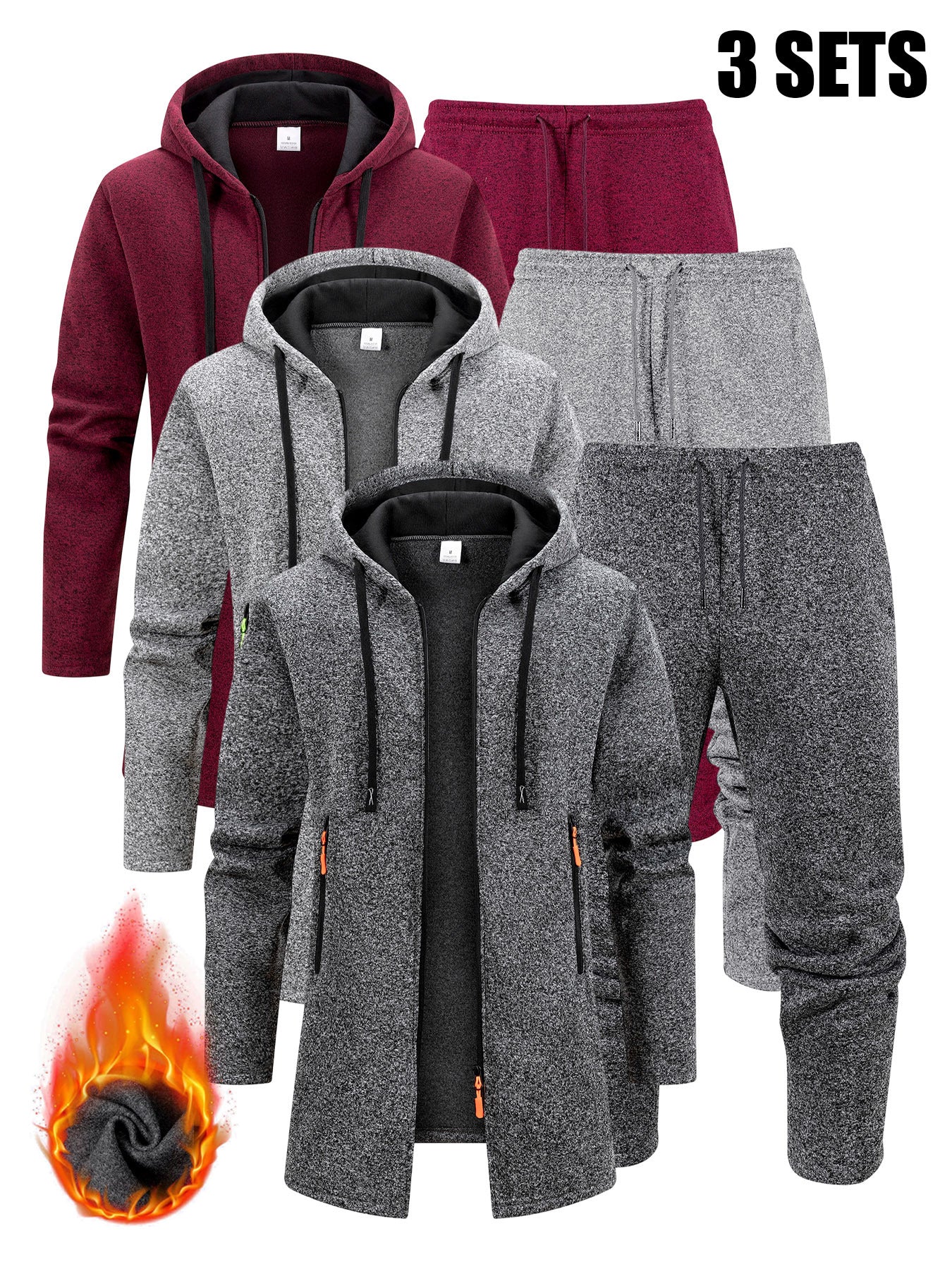 Three Interchangeable Korean-Style Casual Outfits for Men • Trendy Colors That Exude Sophistication • Comfortable And Warm Set Includes a Hooded Fleece Jacket • Drawstring Pants That Have Pockets