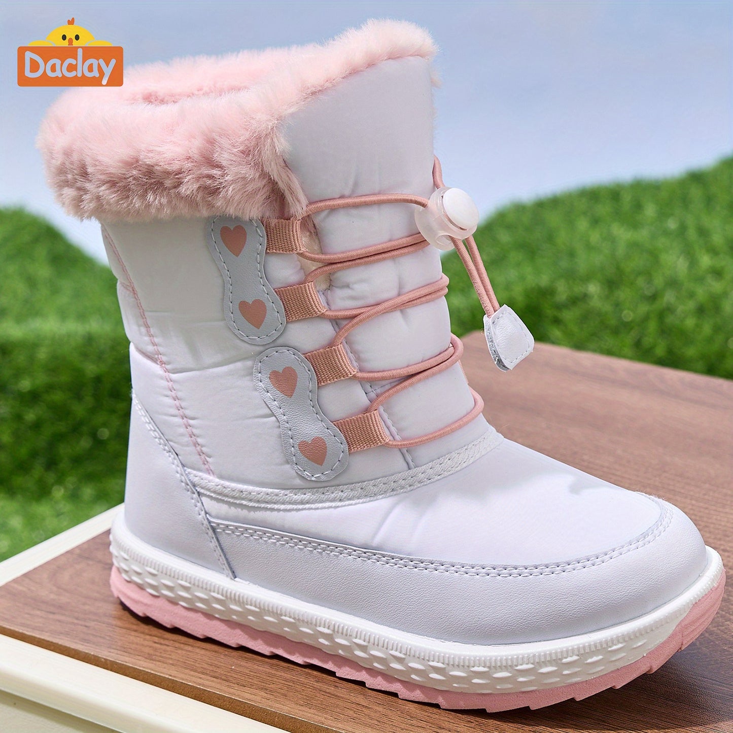DACLAY Youngsters' Fleece-Lined Winter Boots - Slip-On Mid-Calf Snow Boots with Heart Patterns, Soft Fabric & Synthetic Synthetic, All-Season Casual Outdoor Shoes for Boys & Girls, Pink & White Design, Youngsters Winter Boots