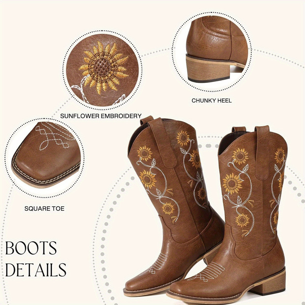 Women's Mid-Calf Cowboy Boots | Western Sunflower Embroidery | Square Toe, Chunky Heel Pull-On Design | Faux Cover with Fabric Lining & Rubber Sole | Elegant Retro Style for Country Outings and Concerts, Western Style Boots |