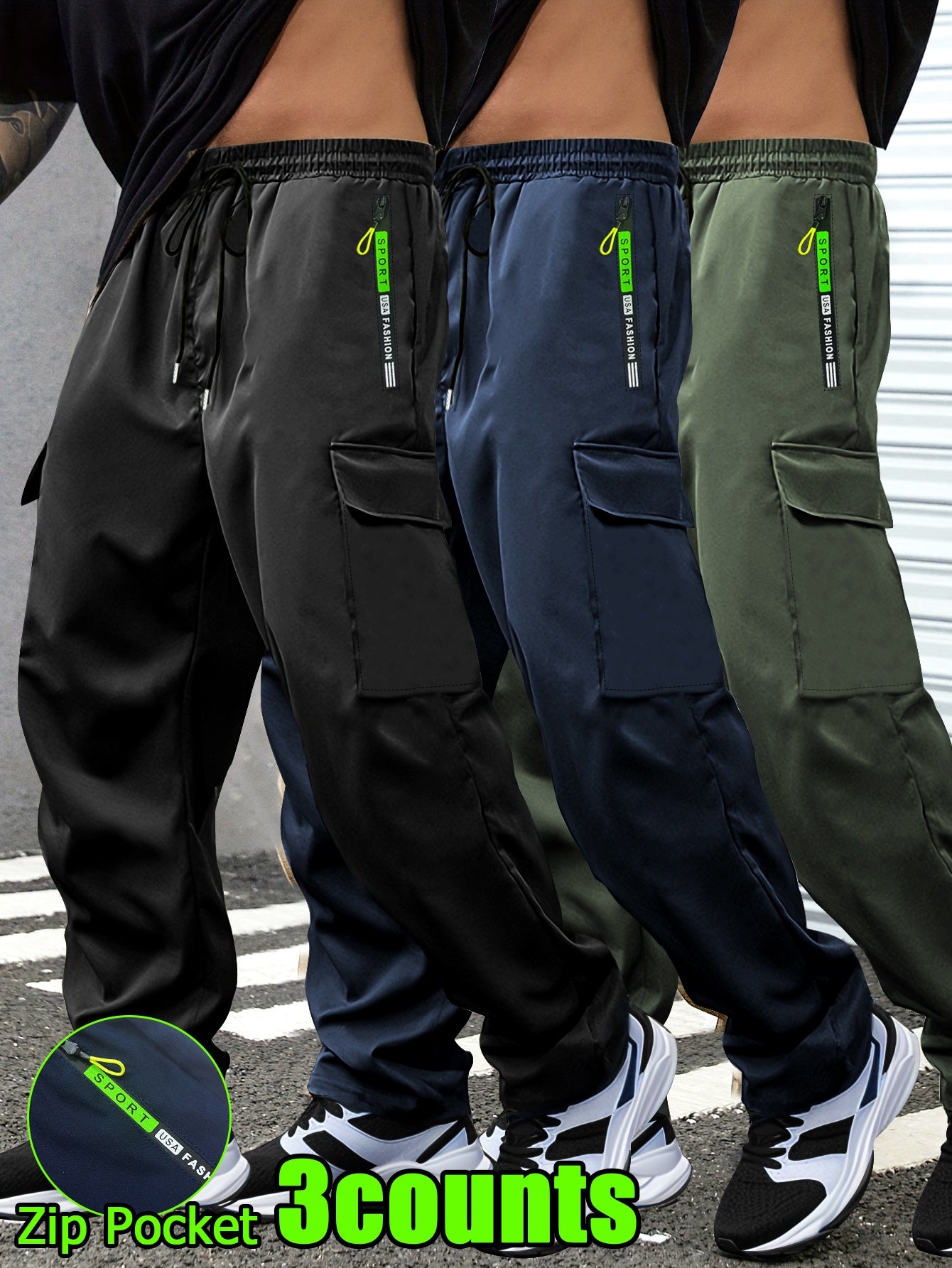 3-Pack of Men'S Thin Work Pants with Drawstring Elastic Waistband, Zipper Pockets, Large Patch Pockets, Comfortable And Breathable, Suitable for Outdoor Daily Leisure